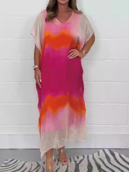 Dress for Women – Maxi Length – Airy Fit – V-Neck – Short Sleeves – Ombre Design