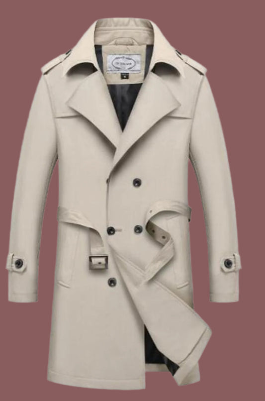 Men's Trench Coat – Tailored Fit – Double Button Closure – Belt – Classic Style