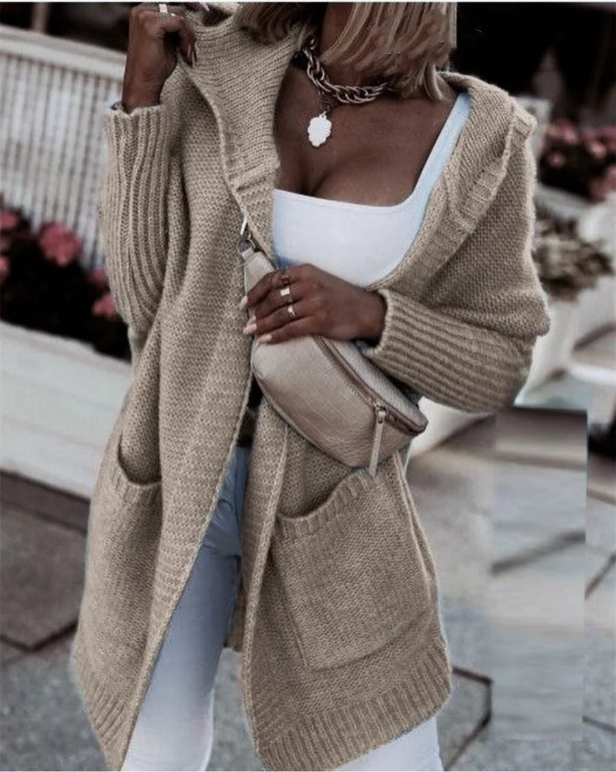 Women's Cardigan – Oversized Fit – Knitted Wool Look – Hood – Pockets – Long Sleeves