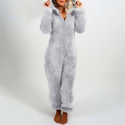 Women's Jumpsuit with Hood – Soft Plush – Relaxed Fit – Zipper – Full Length
