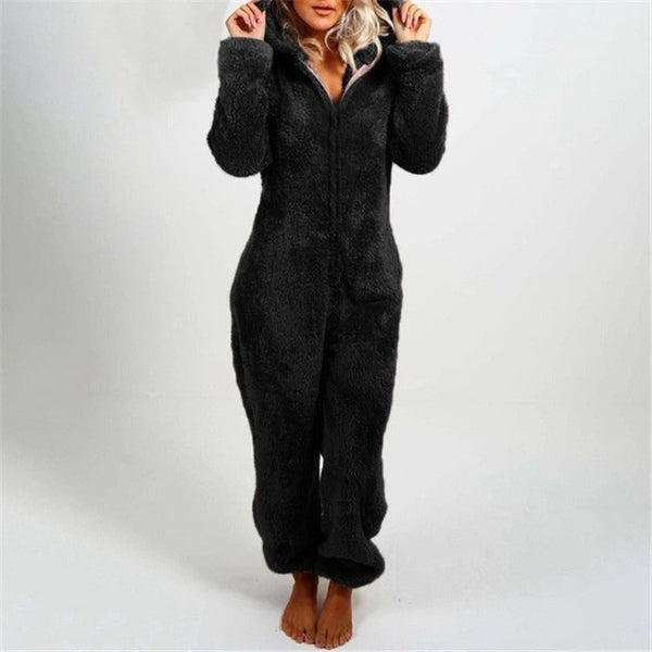 Women's Jumpsuit with Hood – Soft Plush – Relaxed Fit – Zipper – Full Length