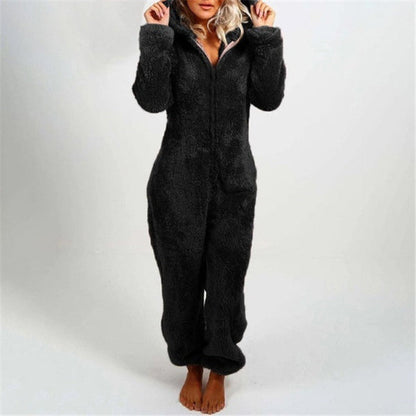 Women's Jumpsuit with Hood – Soft Plush – Relaxed Fit – Zipper – Full Length