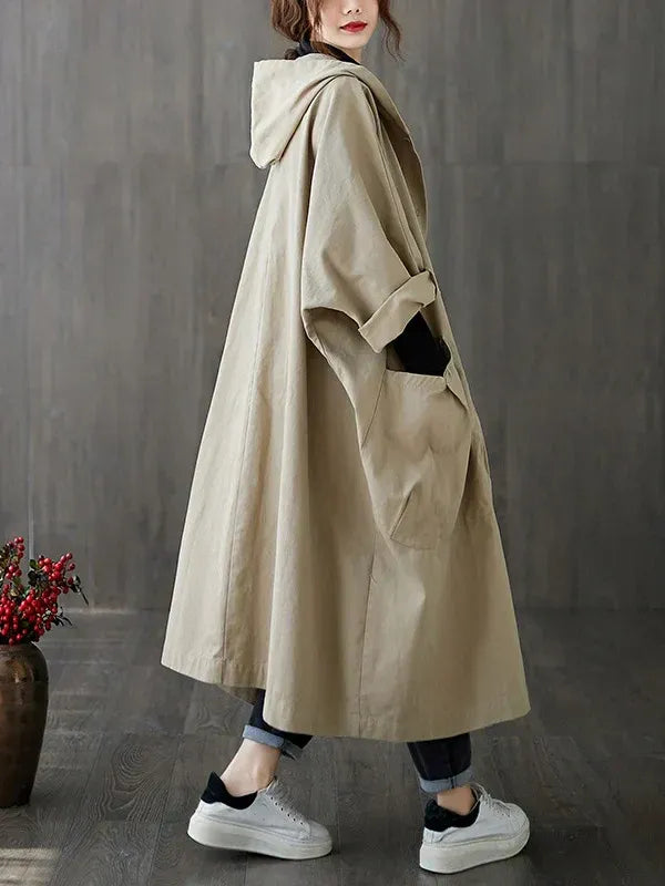 Women's Trench Coat – Oversized Fit – Water-Repellent – Hood – Ankle Length – Casual