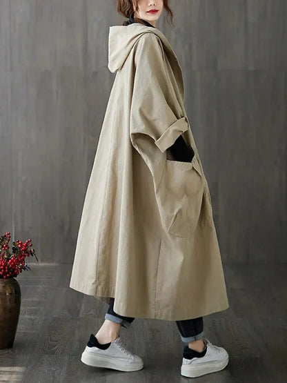 Women's Trench Coat – Oversized Fit – Water-Repellent – Hood – Ankle Length – Casual