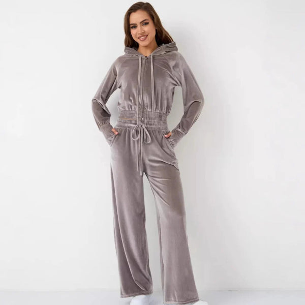 Women's Loungewear Set – Soft Fleece – Relaxed Fit – Drawstring Hoodie – Wide Pants