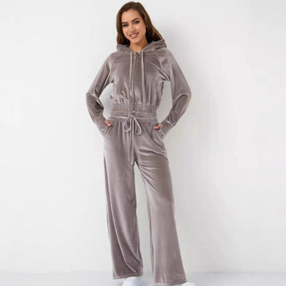 Women's Loungewear Set – Soft Fleece – Relaxed Fit – Drawstring Hoodie – Wide Pants