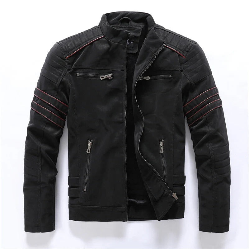 Men's Biker Jacket – Slim Fit – Quilted Shoulders – Zipper Closure – Stand Collar
