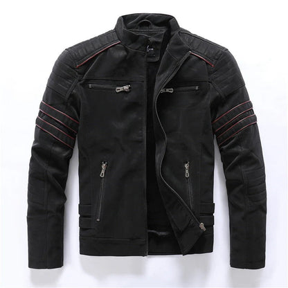 Men's Biker Jacket – Slim Fit – Quilted Shoulders – Zipper Closure – Stand Collar