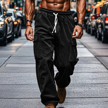 Men's Trousers - Cargo Pants - Loose Fit - Corduroy - Adjustable Waist with Drawstring