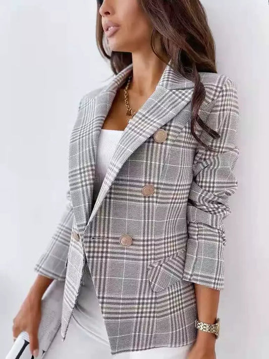 Women's Blazer – Slim Fit – Double Breasted – Checkered Pattern – Notch Lapel – Office Wear