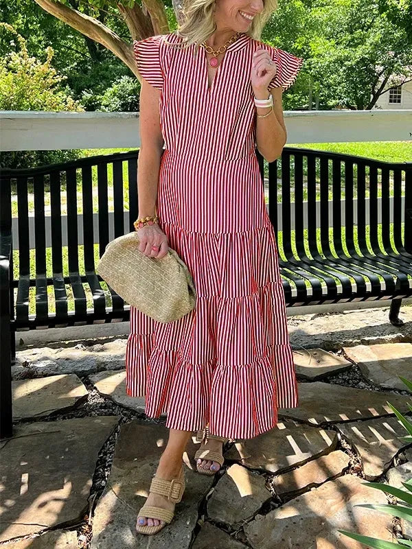 Dress for Women – Midi – Loose Fit – V-Neck – Striped Pattern – Flutter Sleeves