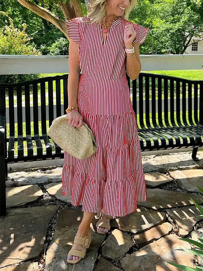 Dress for Women – Midi – Loose Fit – V-Neck – Striped Pattern – Flutter Sleeves