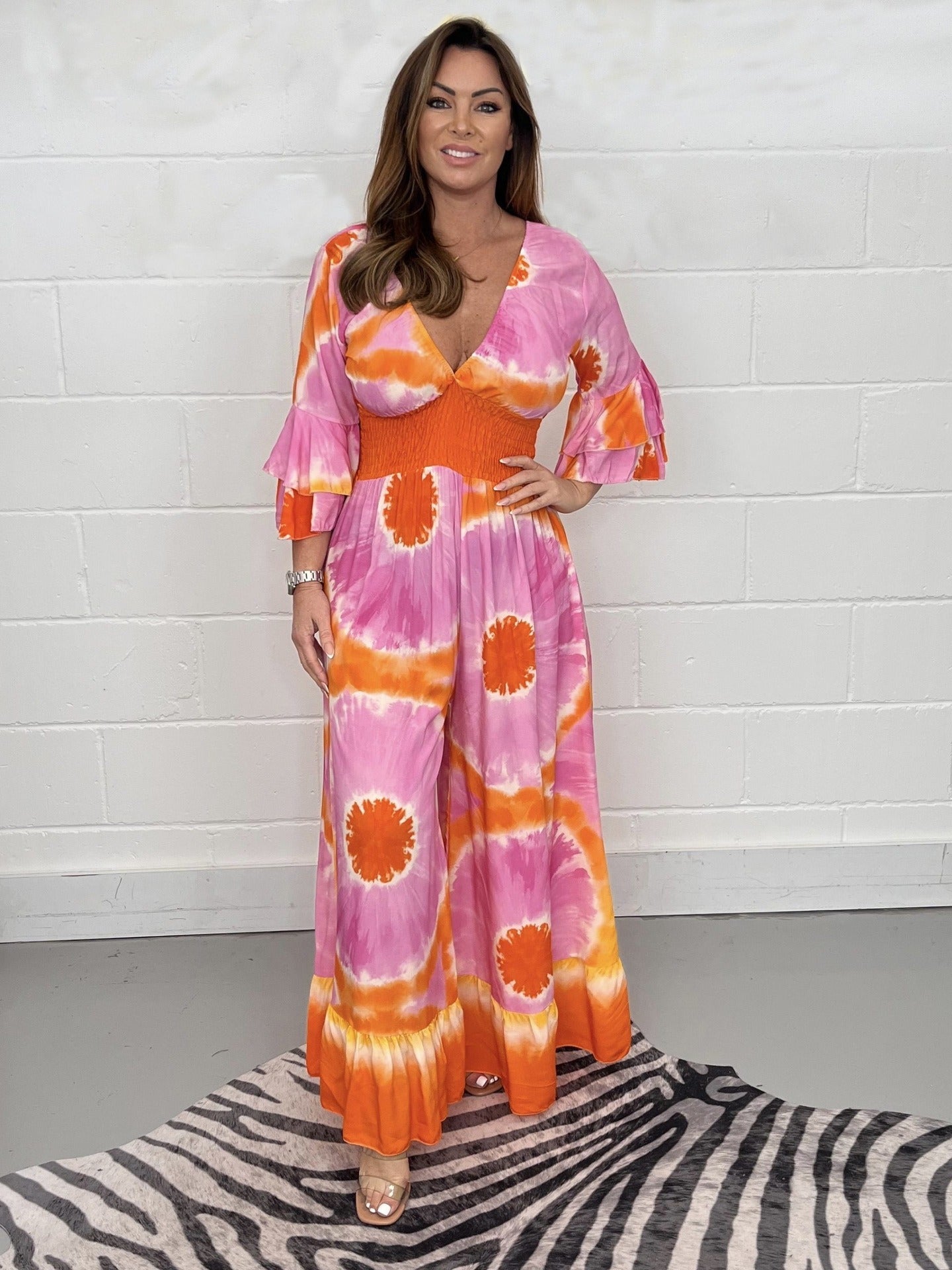 Women's Jumpsuit – Relaxed Fit – Wrap V-Neck – Wrap Waist – Flared Legs – Tie-Dye Print – Bell Sleeves