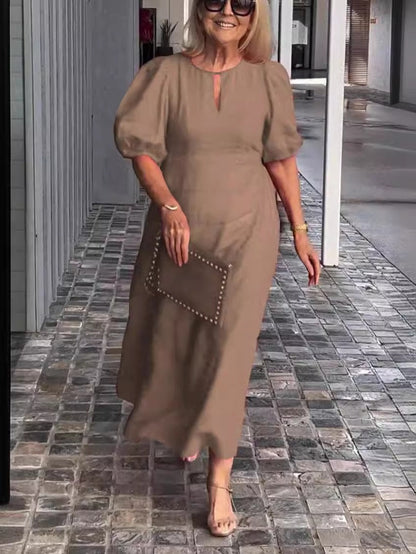 Women's Midi Dress – Loose Fit – Puff Sleeves – Round Neckline – Breathable Cotton
