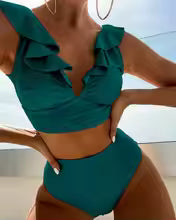 Women's Bikini Set – V-neck Top with Ruffles – High-waisted Bottom – Stretchable Comfort Fit
