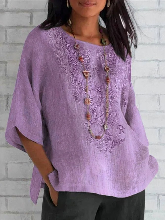 Women's Blouse – Relaxed Fit – Embroidered Front – Short Sleeves – Breathable Material