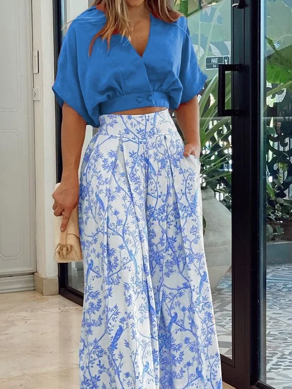 Women's Set – Casual Cropped Top with Dolman Sleeves – Wide Pants with High-Waisted Fit – Light and Breathable Design
