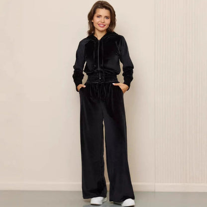 Women's Loungewear Set – Soft Fleece – Relaxed Fit – Drawstring Hoodie – Wide Pants