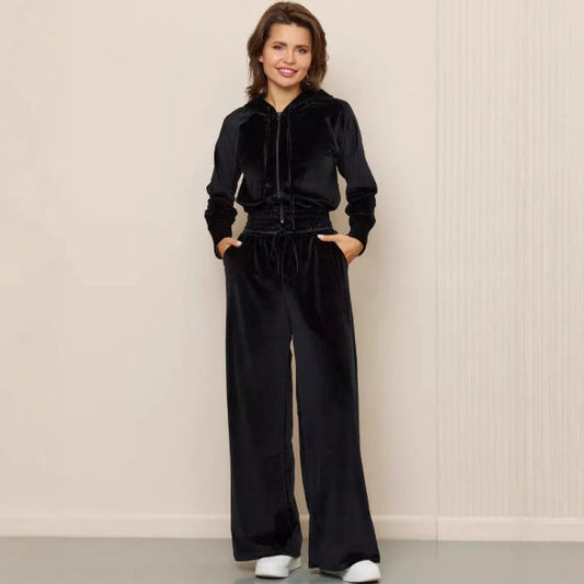 Women's Loungewear Set – Soft Fleece – Relaxed Fit – Drawstring Hoodie – Wide Pants