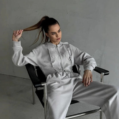 Women's Lounge Set – Zip-Up Hoodie – Oversized Fit – Wide-Leg Pants – Soft Cotton Blend