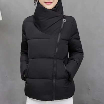 Women’s Winter Coat - Quilted Padded Fabric - Regular Fit - Funnel Neck - Cropped Length