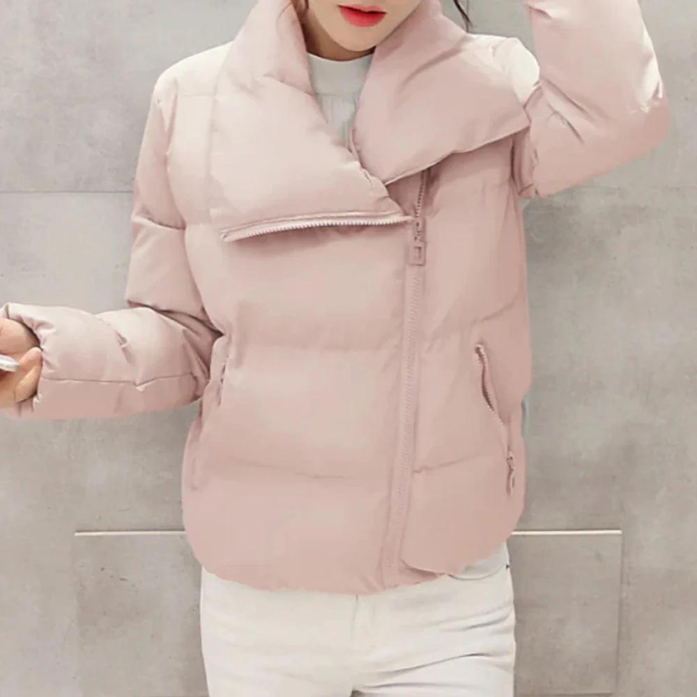 Women’s Winter Coat - Quilted Padded Fabric - Regular Fit - Funnel Neck - Cropped Length