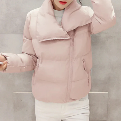 Women’s Winter Coat - Quilted Padded Fabric - Regular Fit - Funnel Neck - Cropped Length