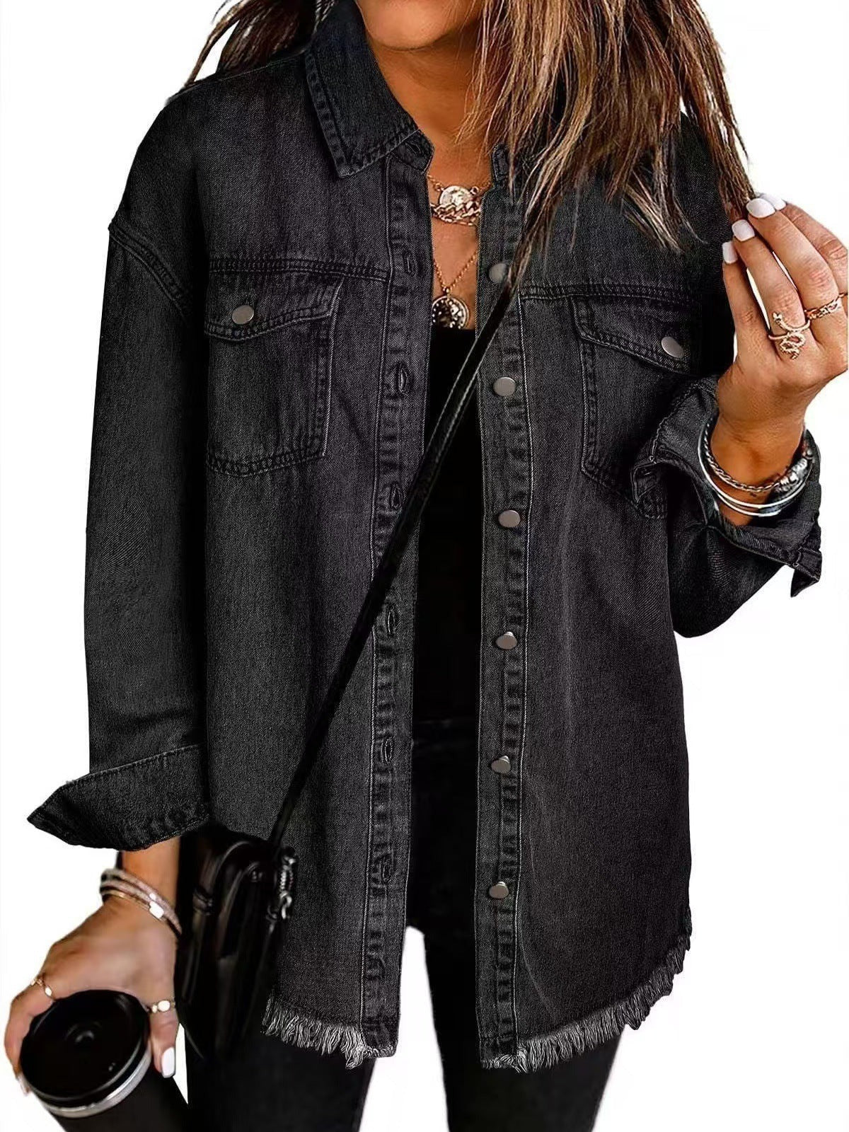 Women's Denim Jacket – Relaxed Fit – Button Closure – Fringed Edge – Casual Look