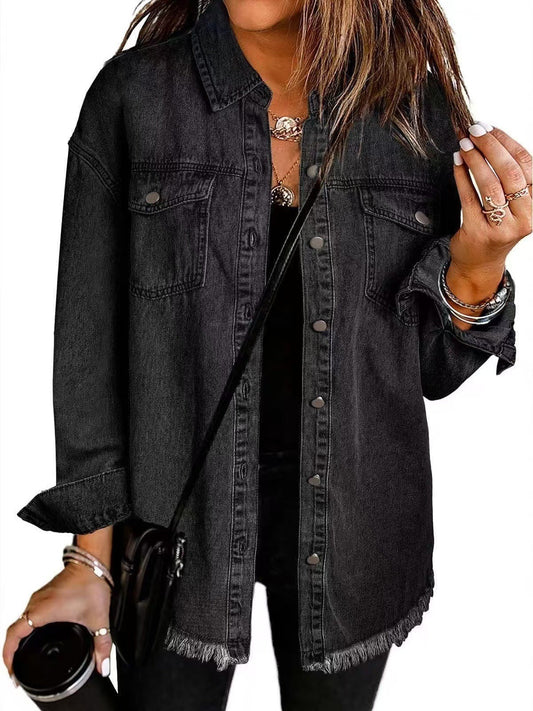 Women's Denim Jacket – Relaxed Fit – Button Closure – Fringed Edge – Casual Look