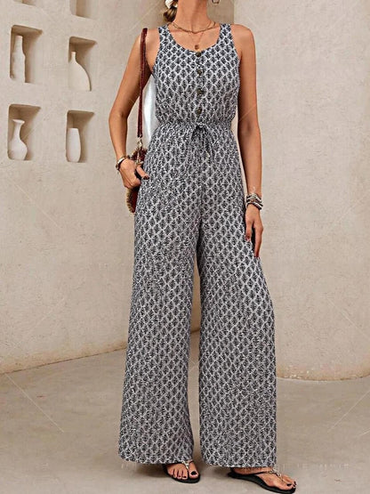 Women's Jumpsuit – Relaxed Fit – Sleeveless – V-Neck – Waist Tie