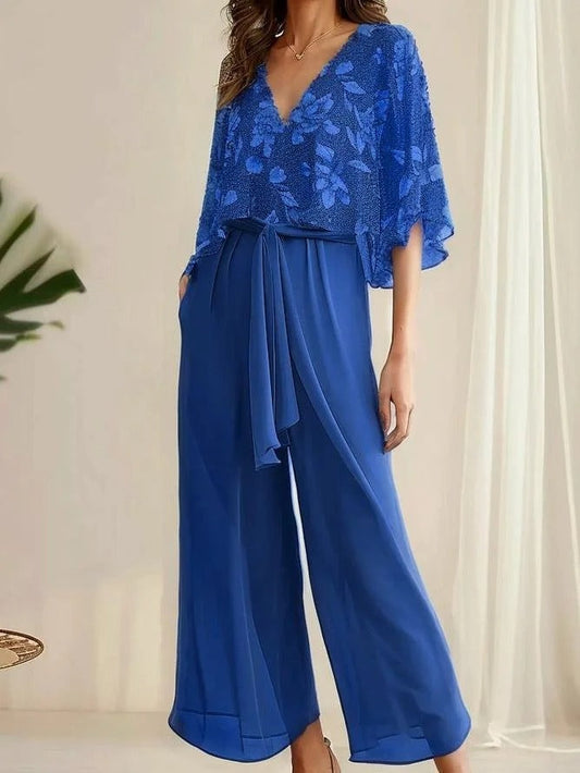 Women's Set – Loose V-neck Top with Ruffle Sleeves – High-waisted Wide Pants with Belt