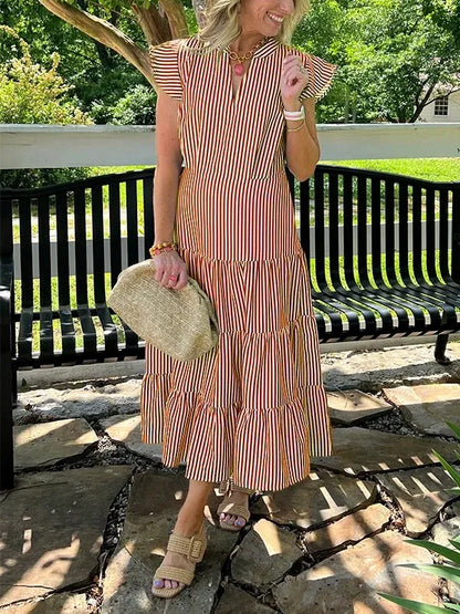 Dress for Women – Midi – Loose Fit – V-Neck – Striped Pattern – Flutter Sleeves