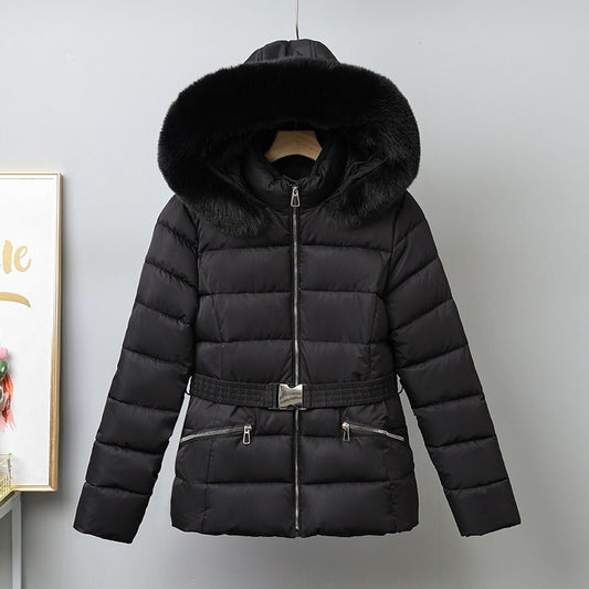 Women’s Puffer Coat - Quilted Fabric - Hip Length - Belted Waist - Removable Fur Hood