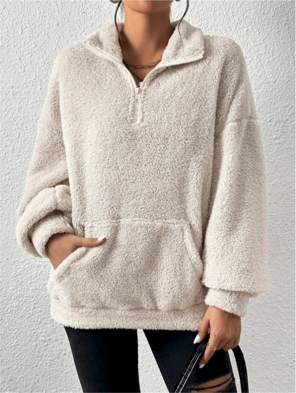 Women's sweatshirt in fleece – relaxed fit – stand-up collar – zipper – kangaroo pocket