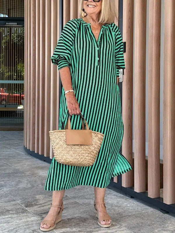 Dress for Women – Midi – Loose Fit – V-Neck – Striped – Lightweight Cotton