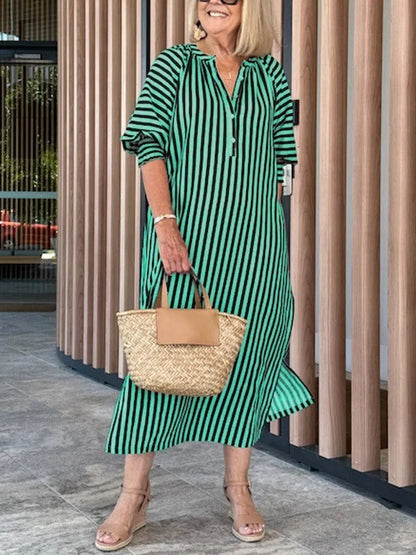 Dress for Women – Midi – Loose Fit – V-Neck – Striped – Lightweight Cotton