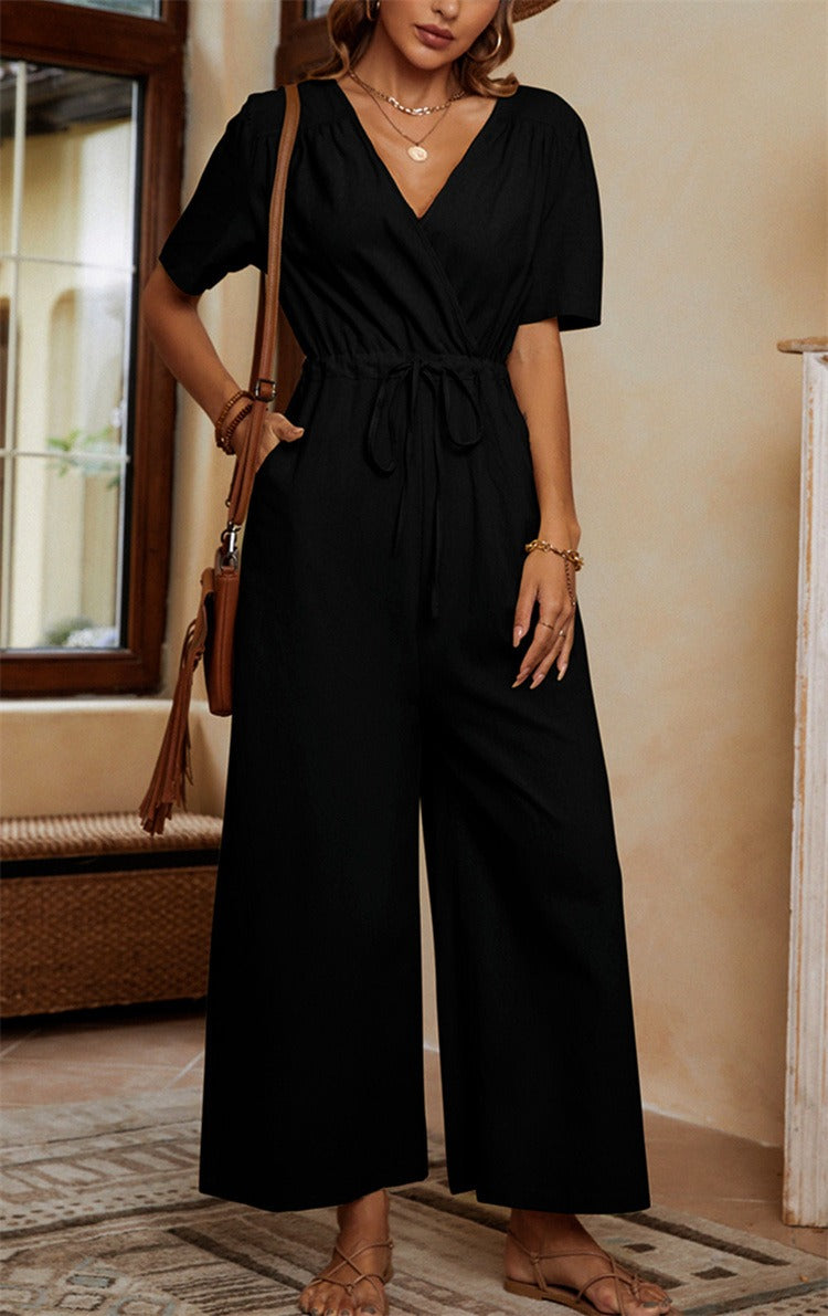 Women's Jumpsuit – Relaxed Fit – Waist Tie – Short Sleeves – Pockets