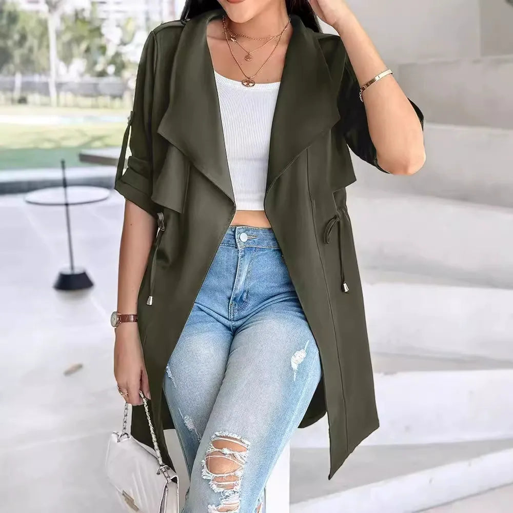 Women's Trench Coat – Relaxed Fit – Tie Belt at Waist – Rolled-up Sleeves – Mid-length