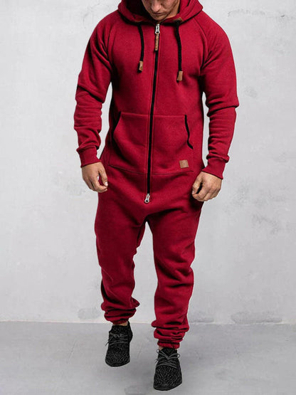 Men's Jumpsuit – Relaxed Fit – Soft Fleece – Zipper – Hood – Full Length
