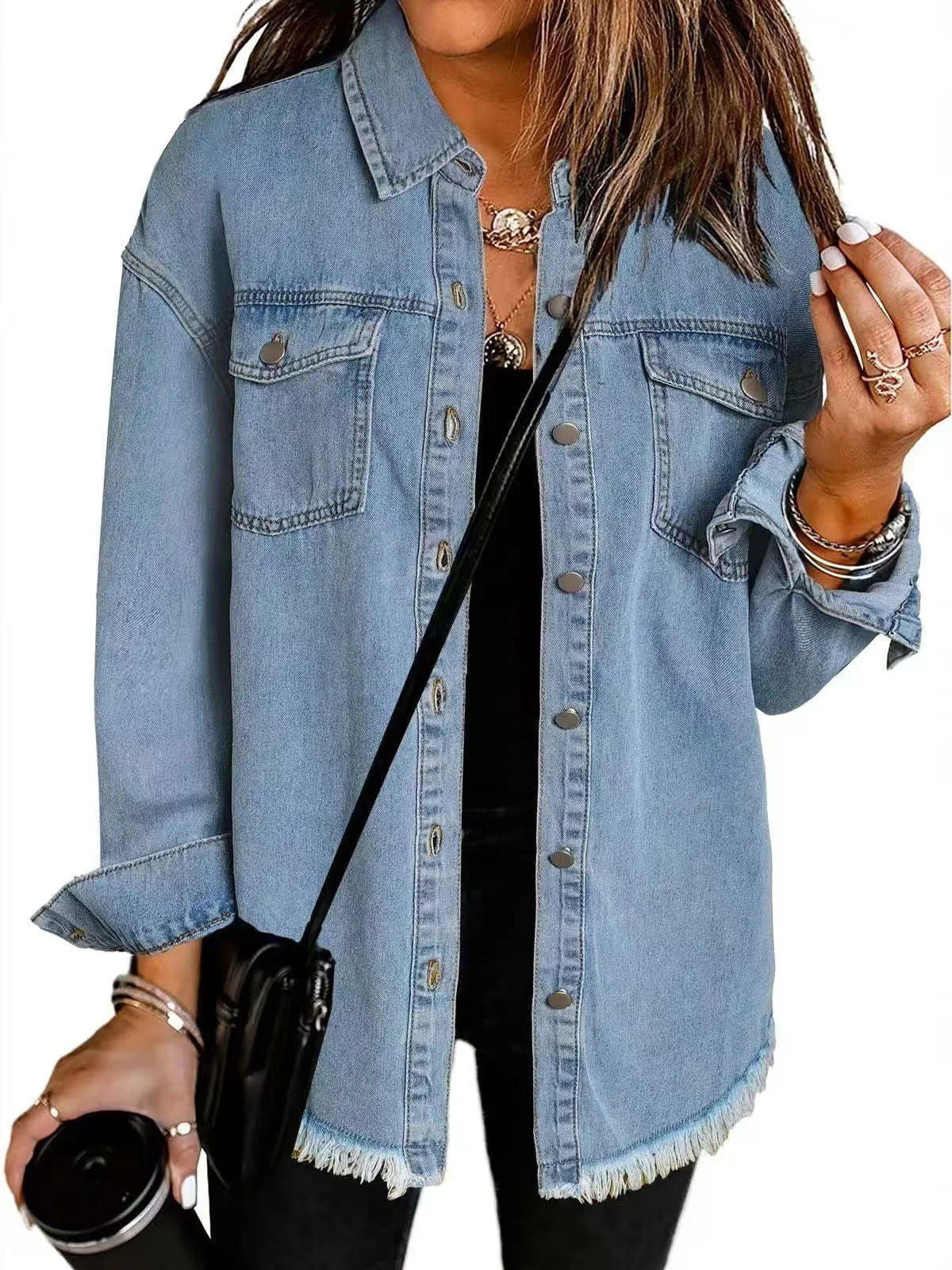 Women's Denim Jacket – Relaxed Fit – Button Closure – Fringed Edge – Casual Look