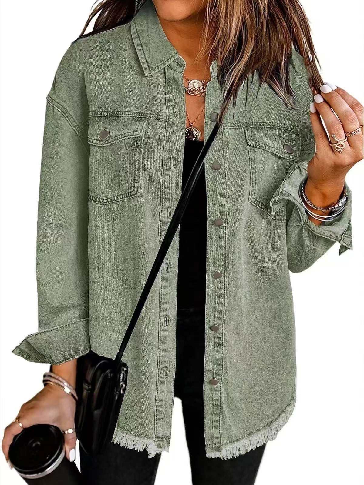 Women's Denim Jacket – Relaxed Fit – Button Closure – Fringed Edge – Casual Look