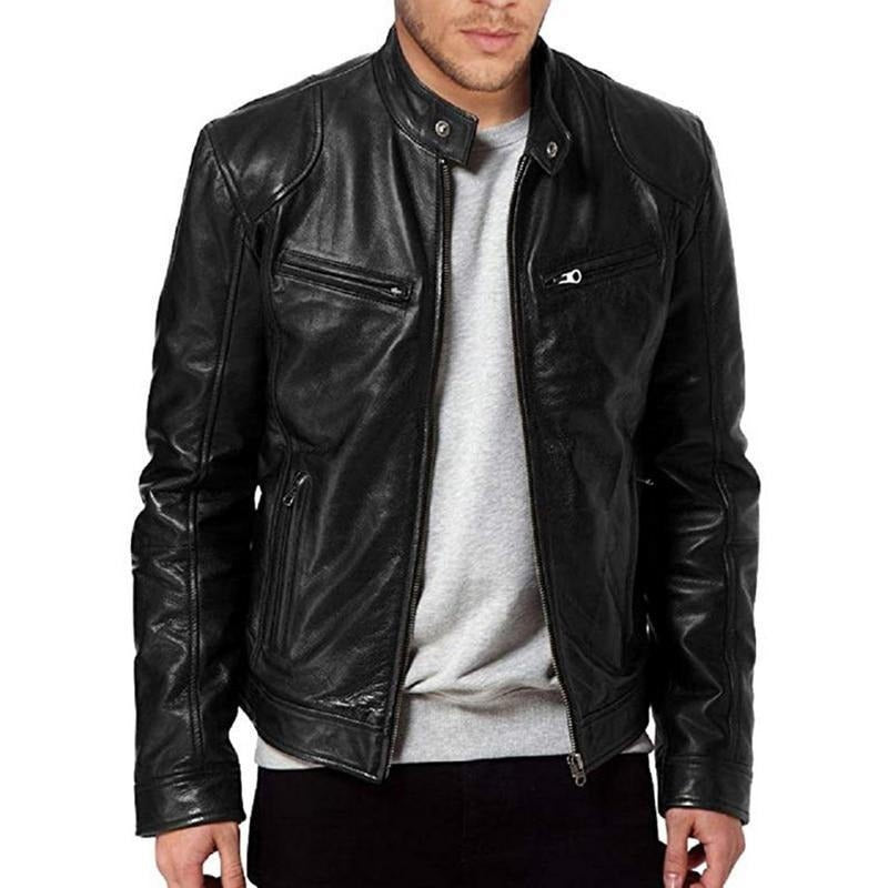 Men's Biker Jacket – Slim Fit – Leather Look – Snap Collar – Zipper Pockets