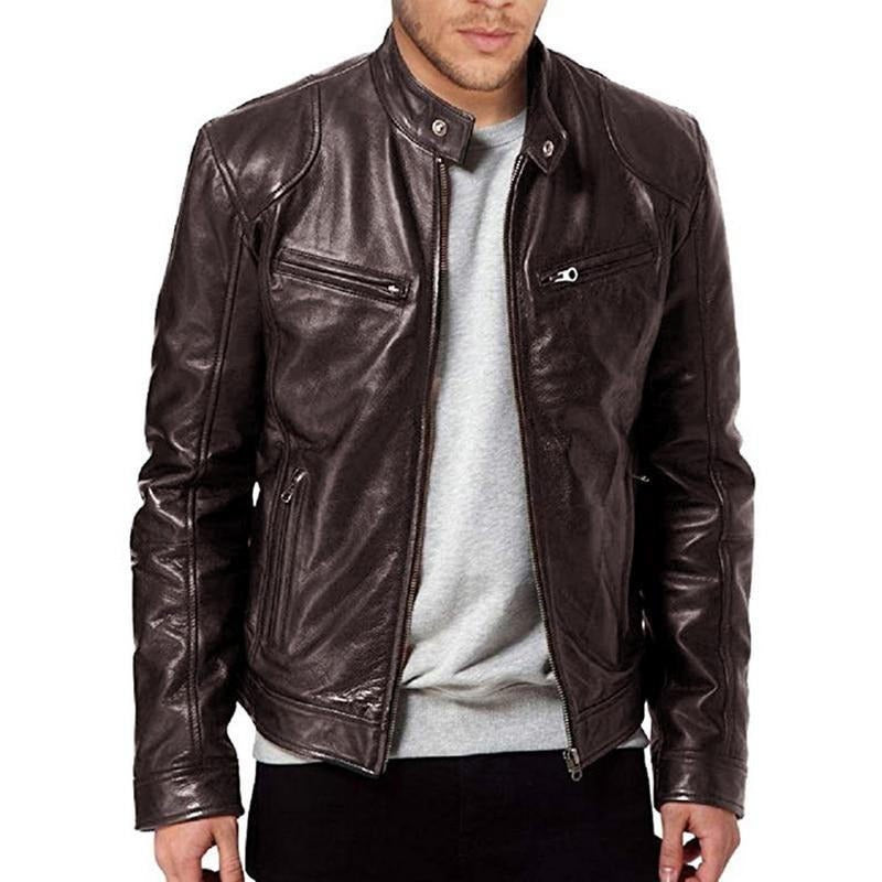 Men's Biker Jacket – Slim Fit – Leather Look – Snap Collar – Zipper Pockets