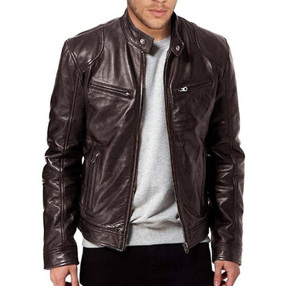 Men's Biker Jacket – Slim Fit – Leather Look – Snap Collar – Zipper Pockets