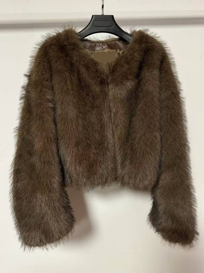 Women’s Coat - Faux Fur - Cropped Fit - Round Neck - Open Front