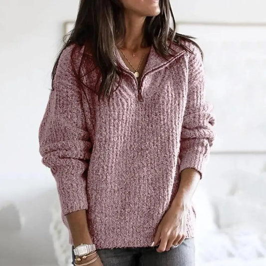 Women's Sweater with Half-Zip – Relaxed Fit – Chunky Knit – Soft Wool Texture