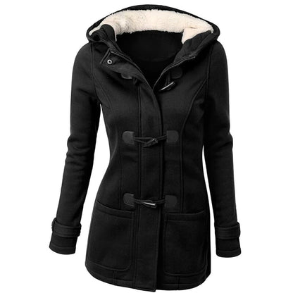Women's Long Coat – Tailored Fit – Lined Hood – Button Closure and Pockets