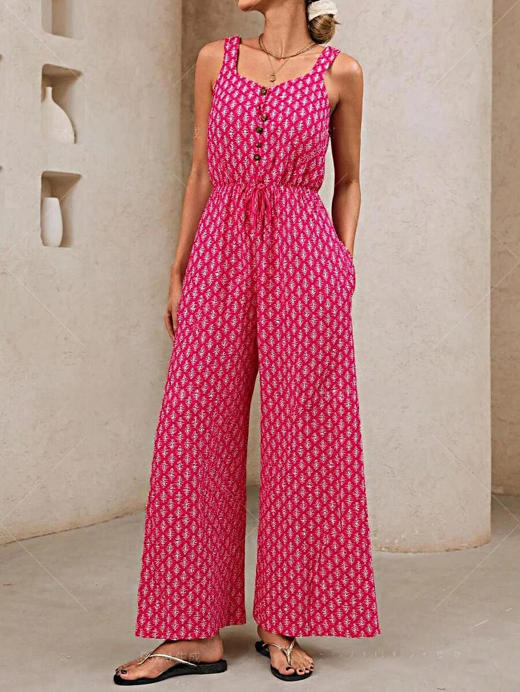 Women's Jumpsuit – Relaxed Fit – Sleeveless – V-Neck – Waist Tie