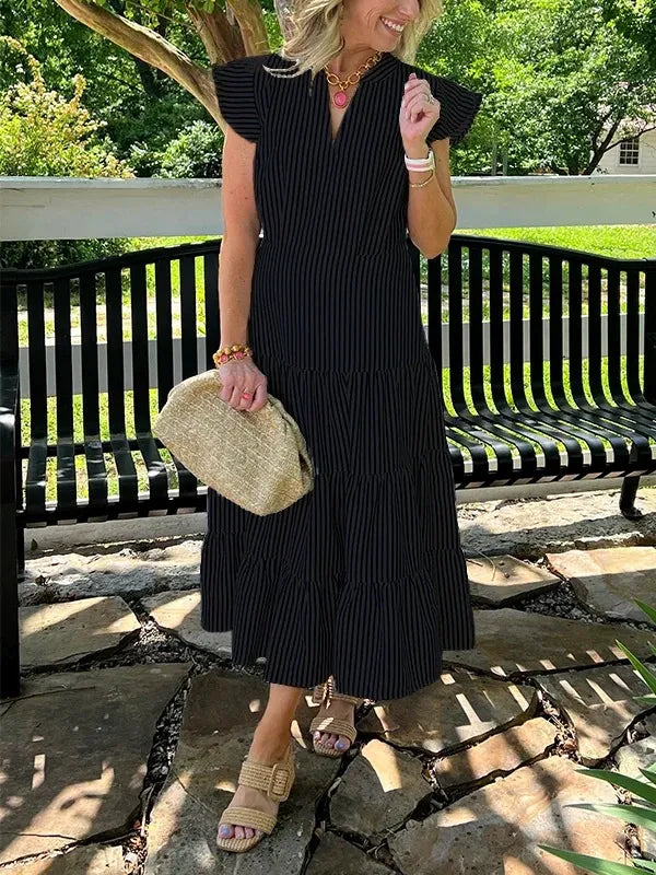 Dress for Women – Midi – Loose Fit – V-Neck – Striped Pattern – Flutter Sleeves
