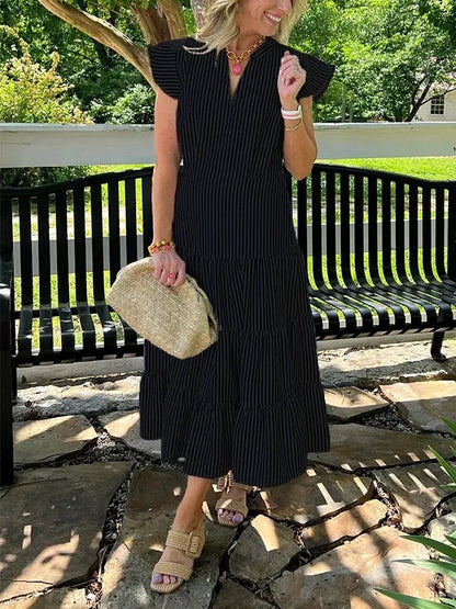 Dress for Women – Midi – Loose Fit – V-Neck – Striped Pattern – Flutter Sleeves